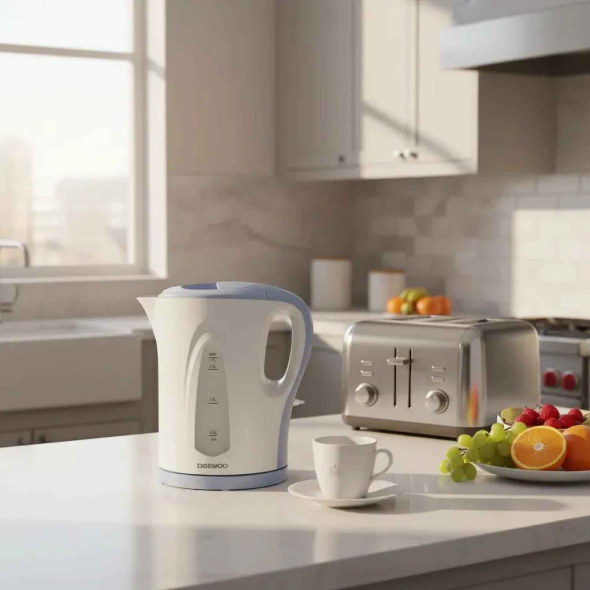 Jarra eléctrica Daewoo WK5522 junto a una tostadora y una taza