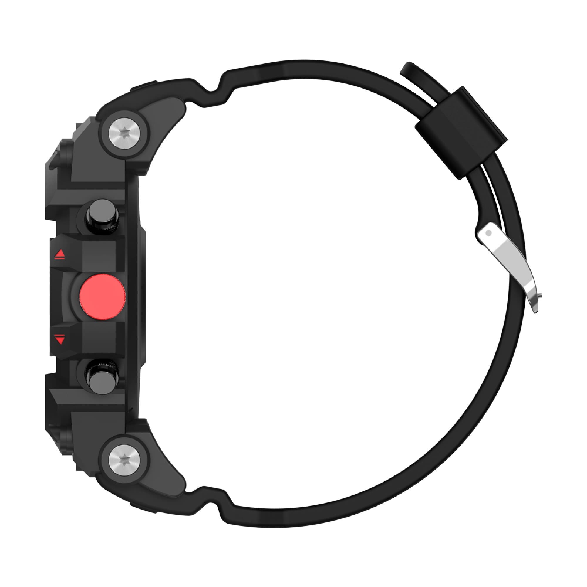 Smartwatch XION X-WATCH100 visto de perfil con botón rojo