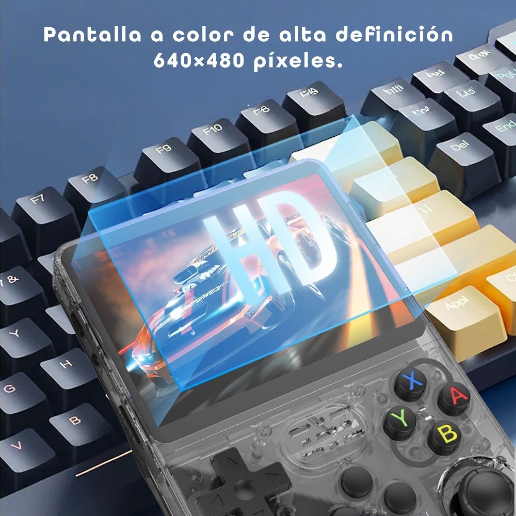 Pantalla IPS de la consola XION XI-GAME350 sobre un teclado
