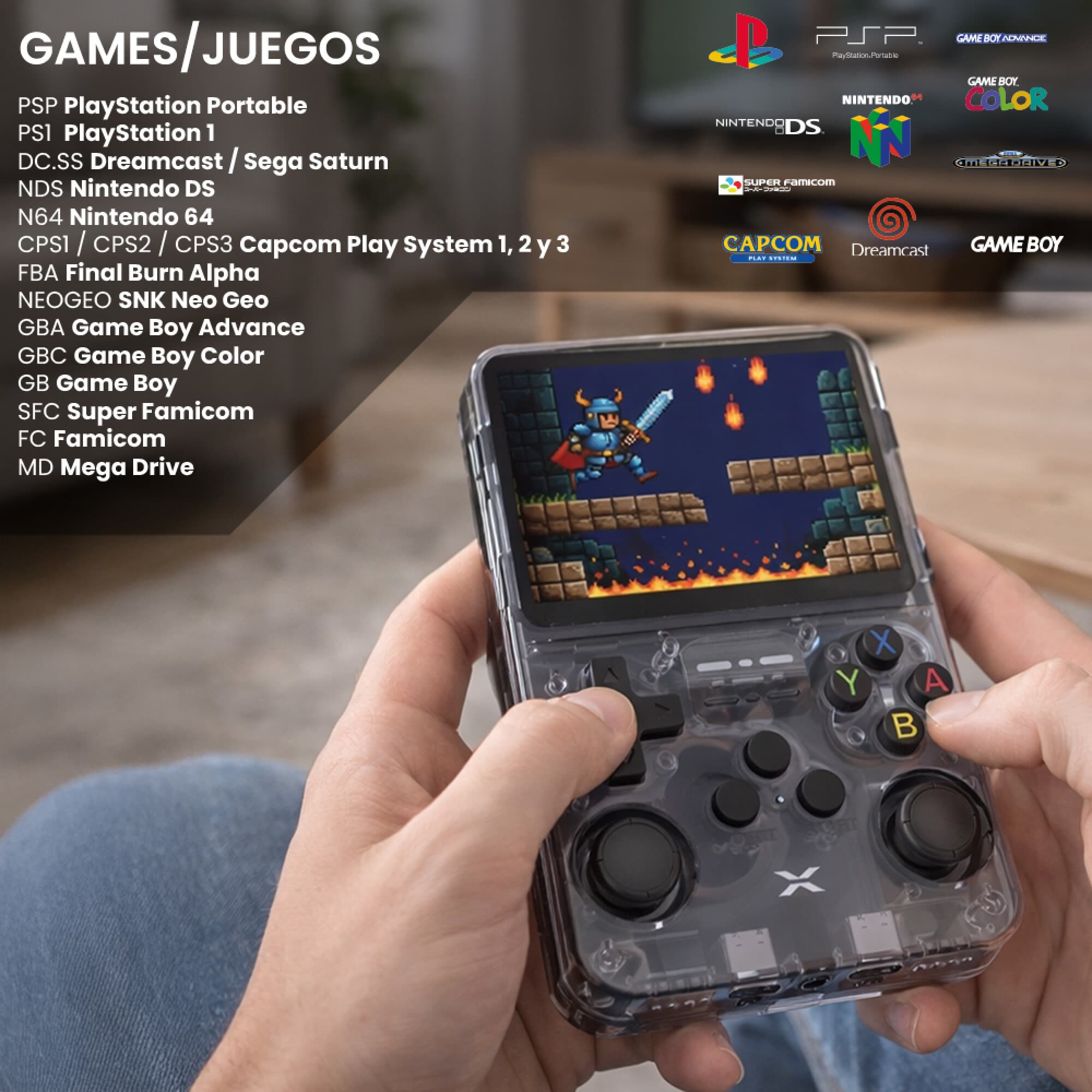 Consola portátil XION XI-GAME350 en uso con las dos manos