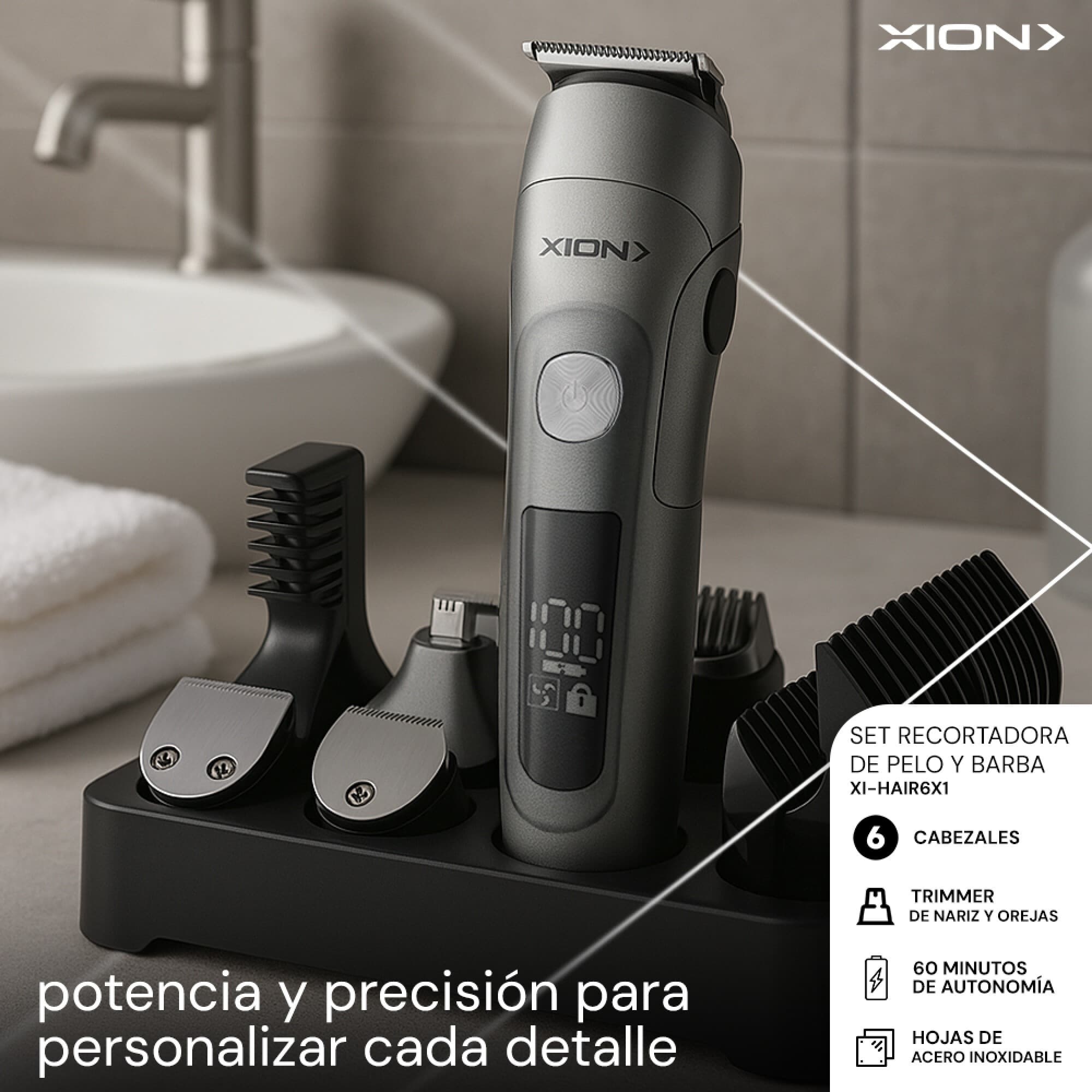 Cortadora XION XI-HAIR6X1 con base y cabezales en el baño