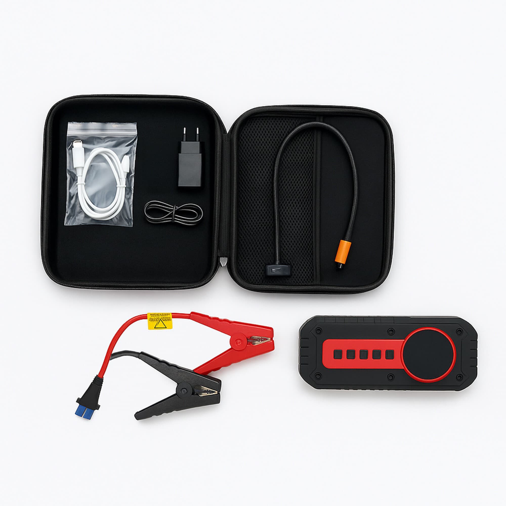 Estuche del kit XION XI-POWER4 con cables, pinzas, cargador y adaptadores