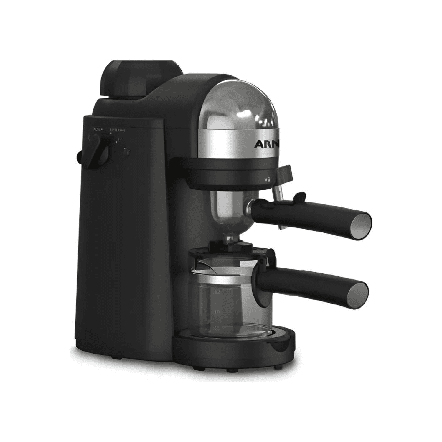 Cafetera Arno XP1728B2 en vista de tres cuartos con portafiltro y jarra