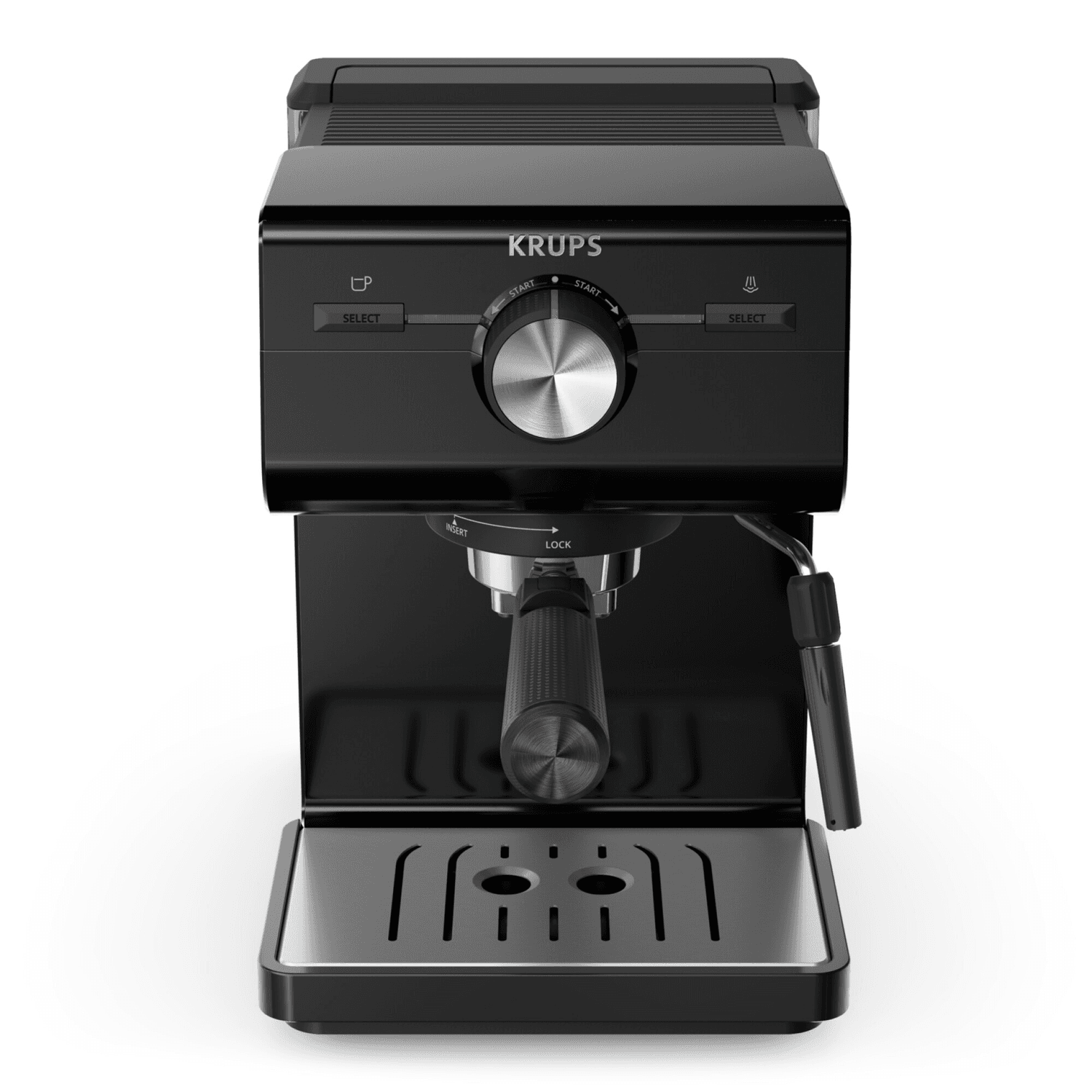 Cafetera espresso Krups Authentic XP381810 negra de frente con portafiltro y boquilla de vapor