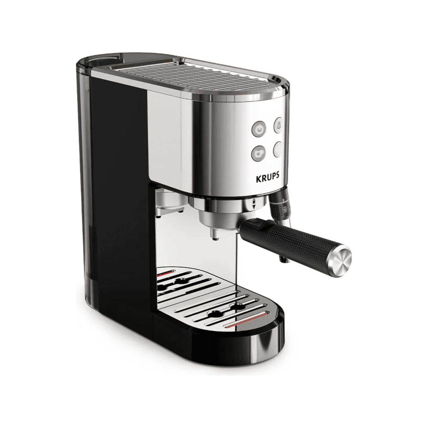 Cafetera espresso Krups XP444C10 en vista de tres cuartos con portafiltro