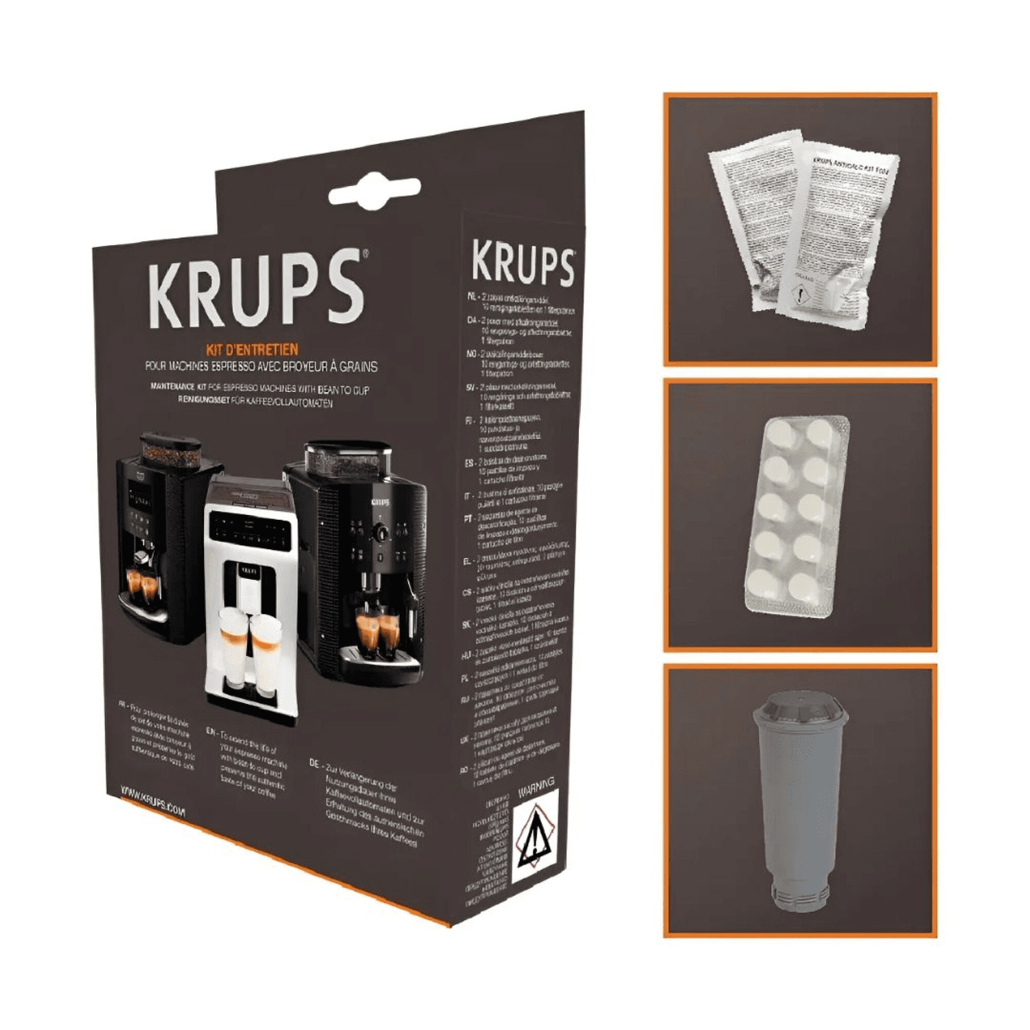 Kit Krups XS530010 con su contenido: desincrustante, pastillas y filtro de cartucho