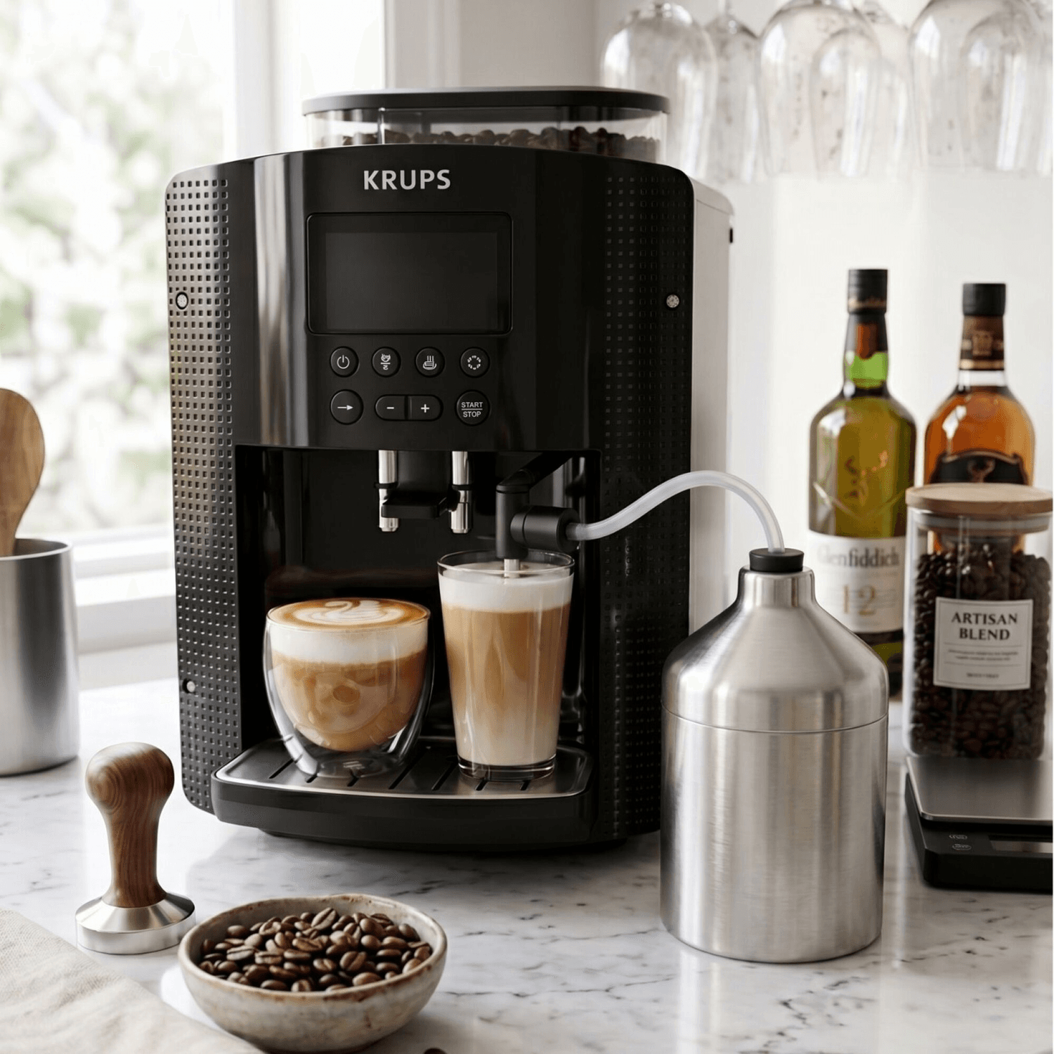 Lechero Krups XS600010 junto a una cafetera Krups y dos cafés con leche