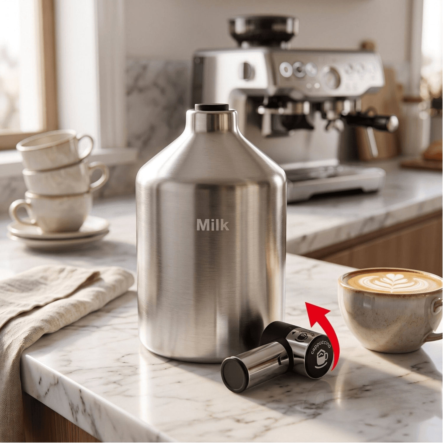 Lechero plateado Krups XS600010 y su accesorio sobre una mesada con una taza de capuchino