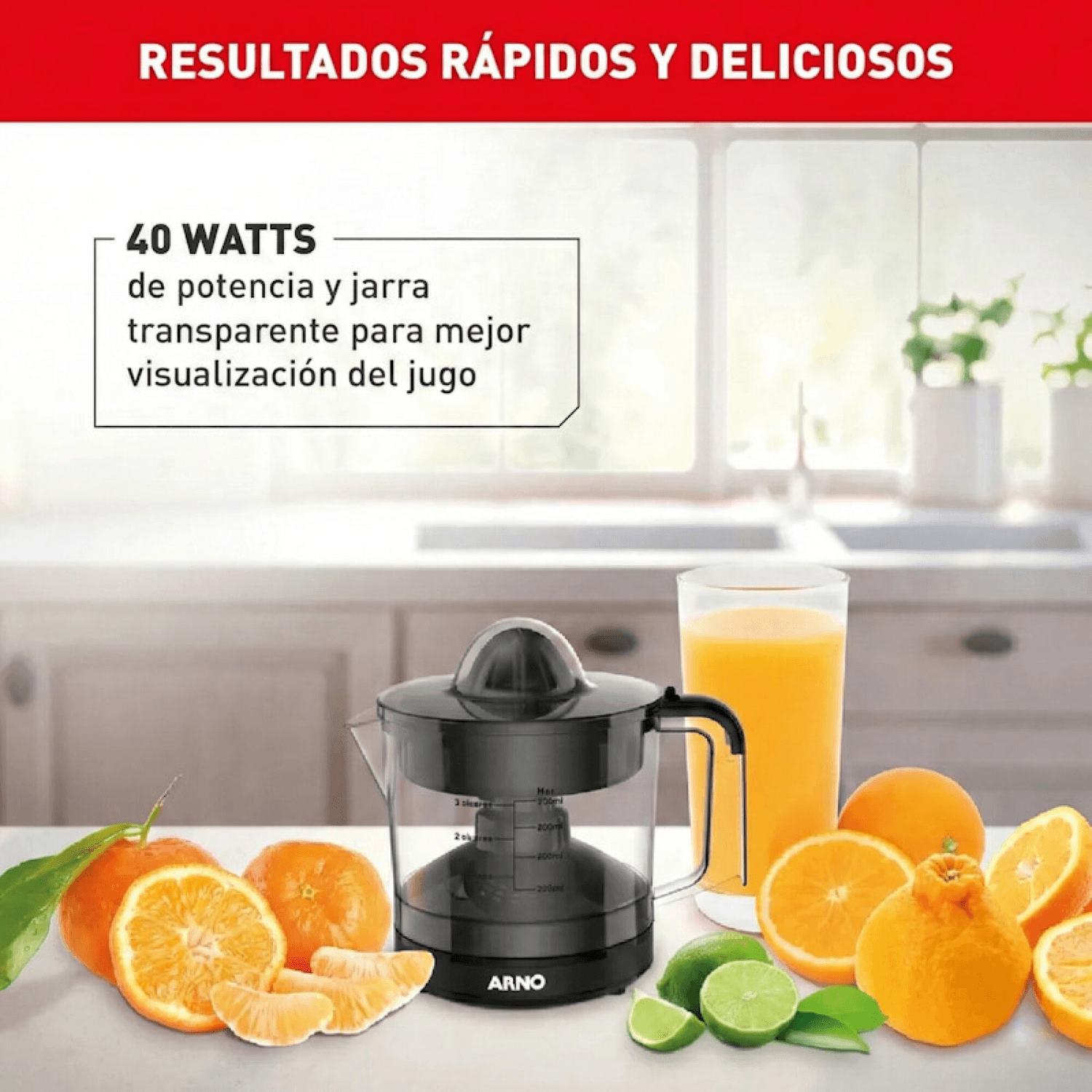 Exprimidor Arno ZP2028B2 junto a un vaso de jugo de naranja