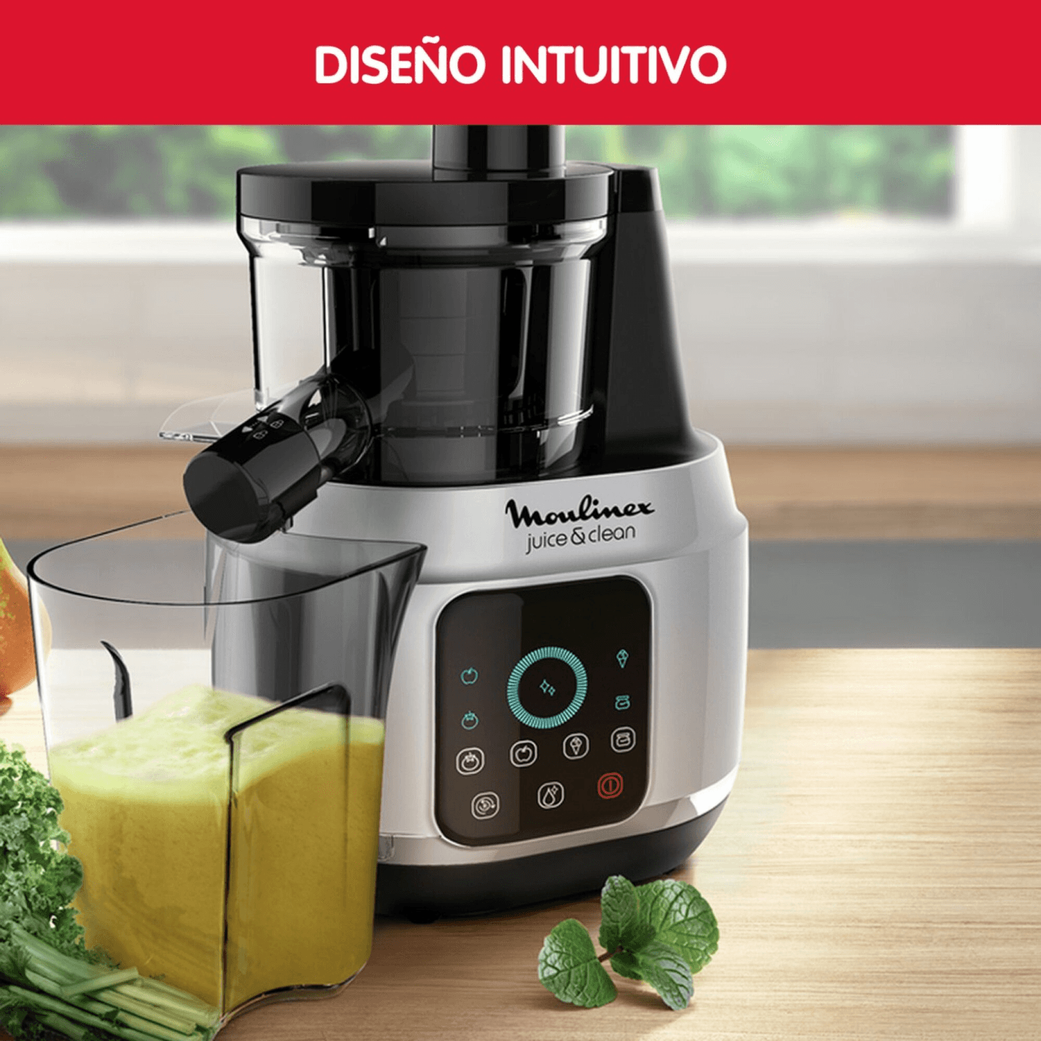 Panel táctil de la juguera Moulinex Juice & Clean ZU420E10 con jugo verde