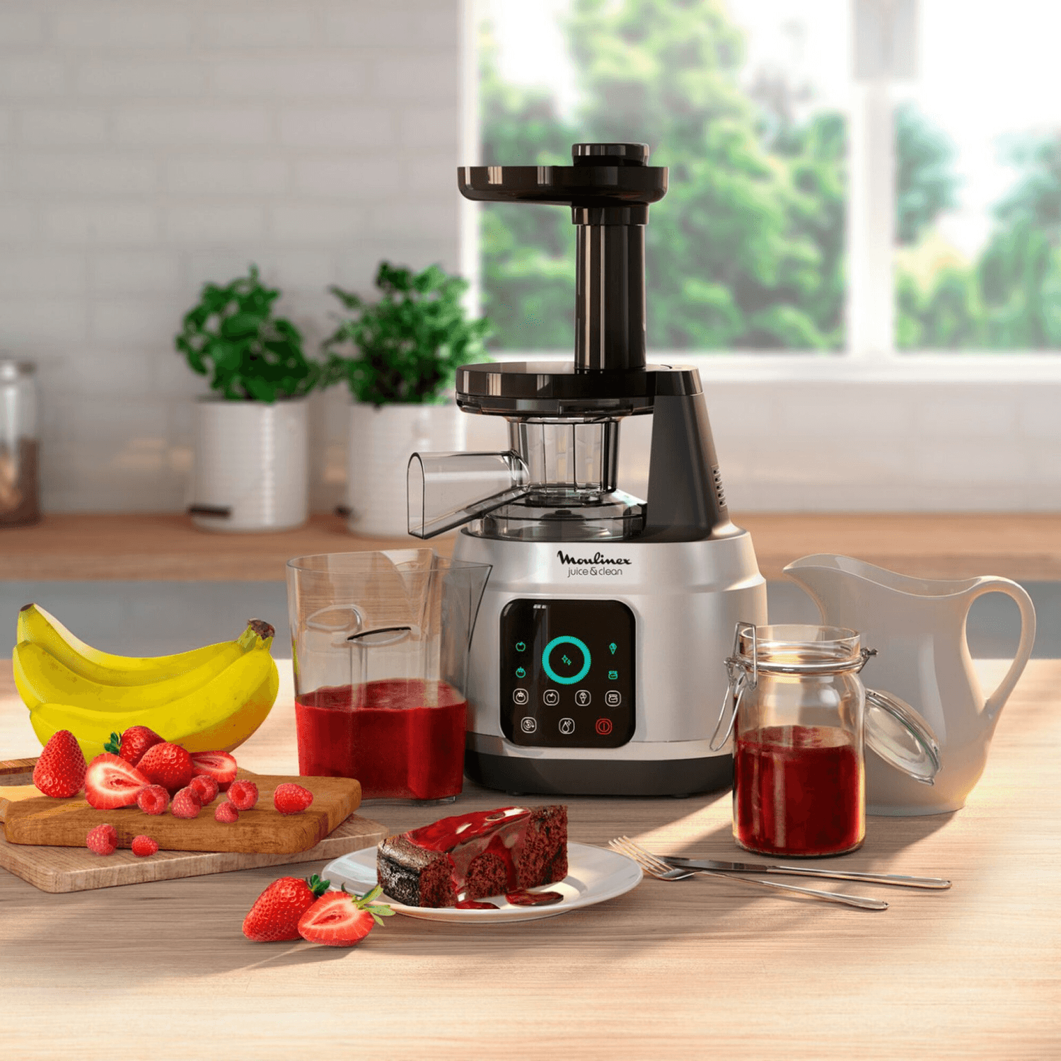 Juguera de prensado en frío Moulinex ZU420E10 sobre una mesada con frutas