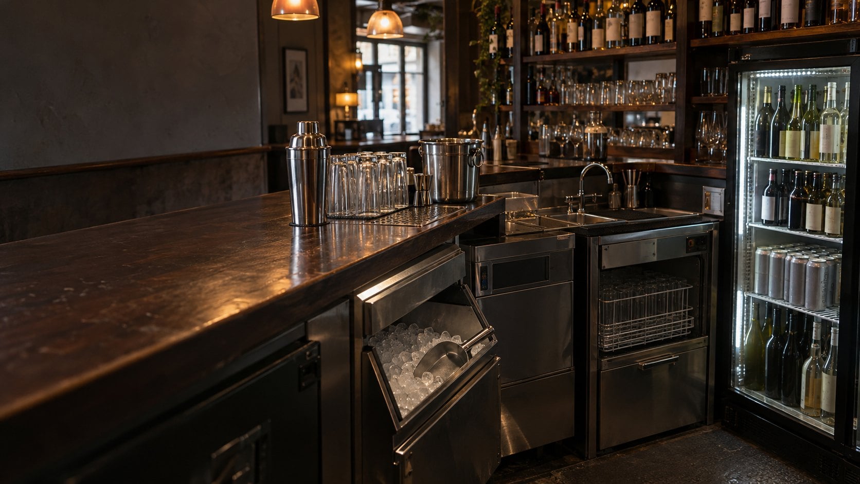 Barra de bar con máquina de hielo abierta, lavavasos y heladera de botellas