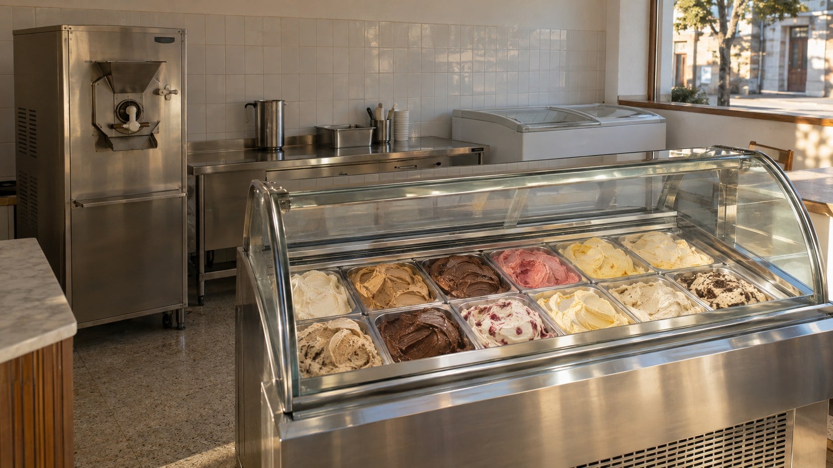 Heladería artesanal con vitrina de helados, máquina de helado y freezer horizontal