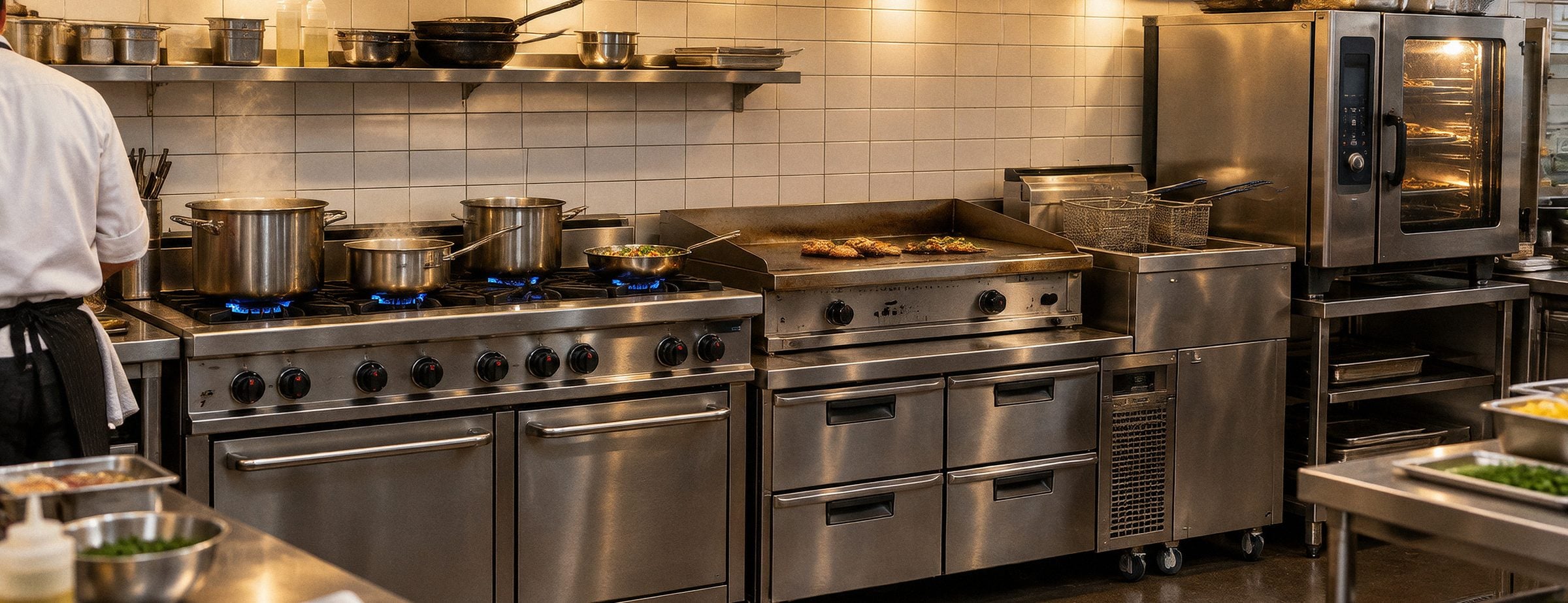 Cocina de restaurante con cocina industrial, plancha, freidora y horno