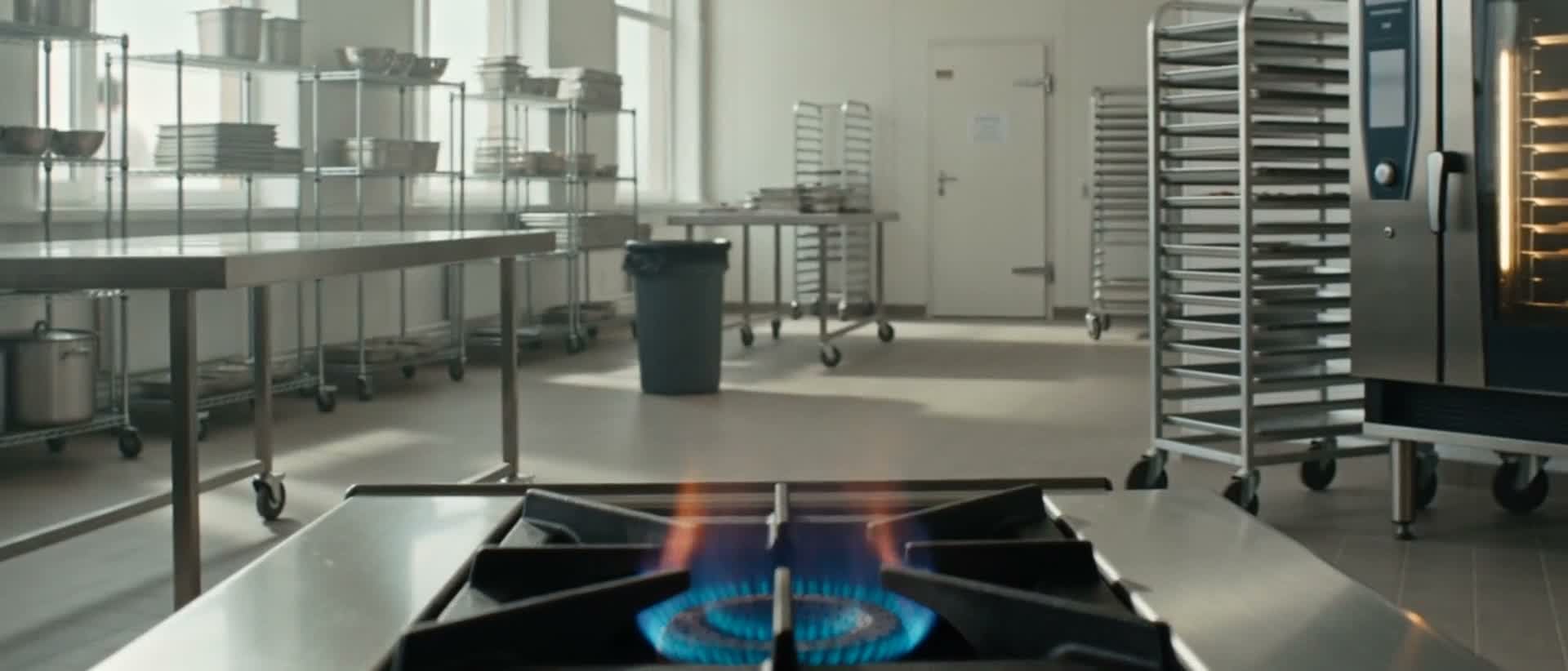 Cocina profesional equipada con hornos y mobiliario gastronómico