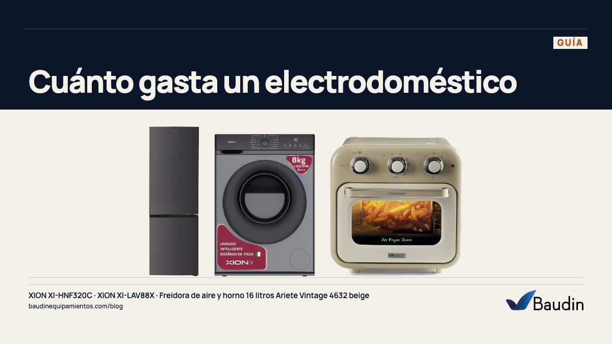 Portada de la guía «Cuánto gasta un electrodoméstico» con XION XI-HNF320C y XION XI-LAV88X y Freidora de aire y horno 16 litros Ariete Vintage 4632 beige, equipos de Baudin Equipamientos