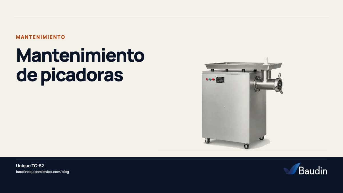 Portada de la guía «Mantenimiento de picadoras» con Unique TC-52, equipos de Baudin Equipamientos