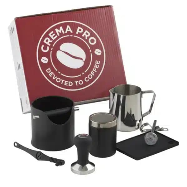 Kit Barista Crema Pro color negro 620897 Tamper Knock Box Jarra de Leche termometro dispensador de chocolate en polvo alfombirlla para tamper y pincel para limpieza