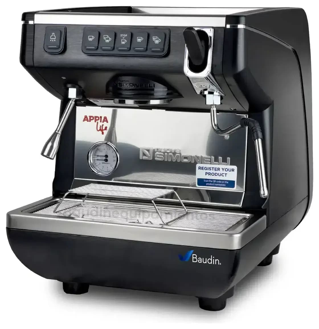 Cafetera Expresso 1 Grupo Vaso Alto Comercial Nuova Simonelli Appia Life Vista Lateral color Negro detalle en plata Principal