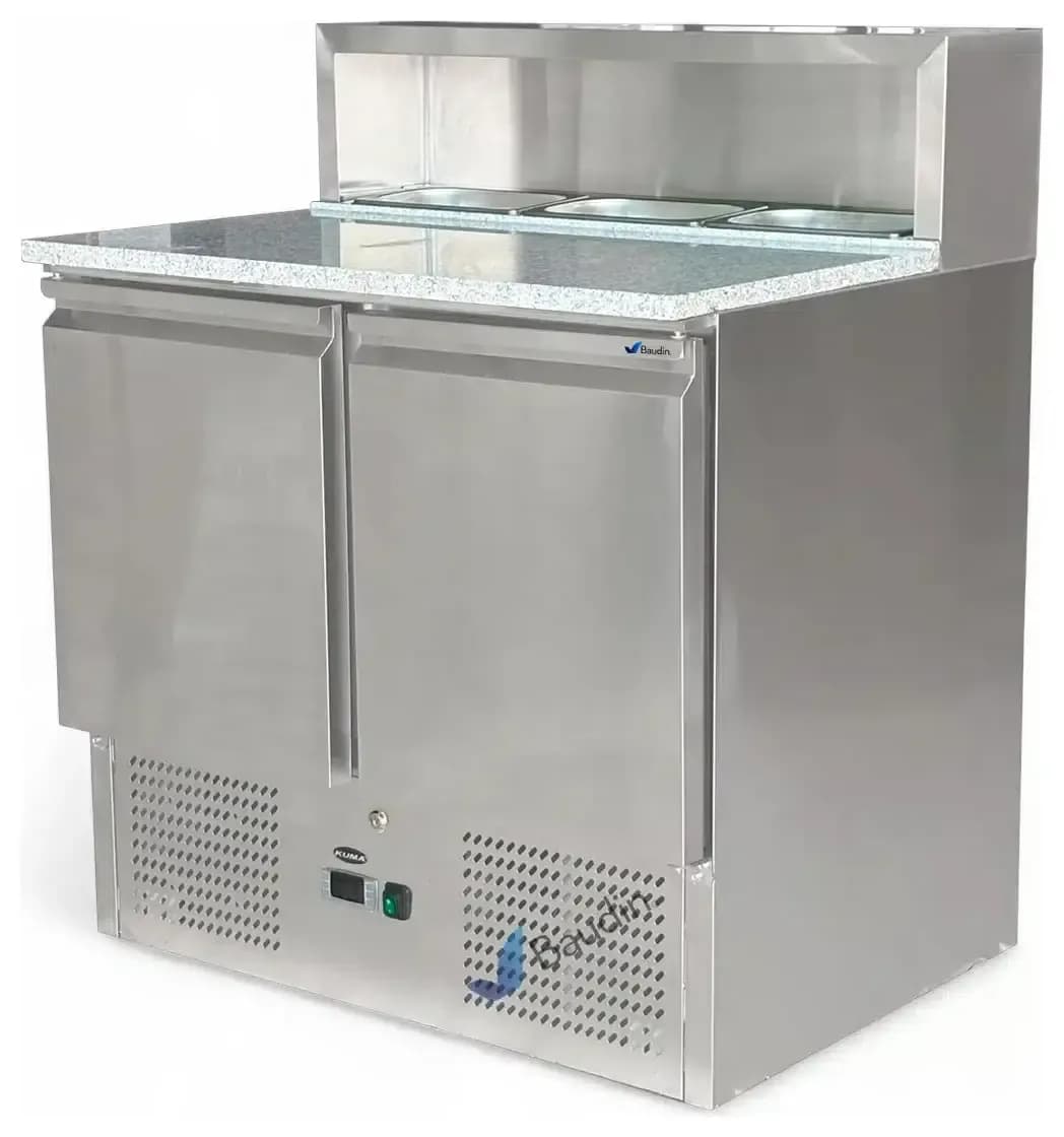 Bajo Mostrador Refrigerado con Topinera de acero inoxidable 90 cm ancho 2 puertas comercial 3 cubas con frio marca Kuma PS900