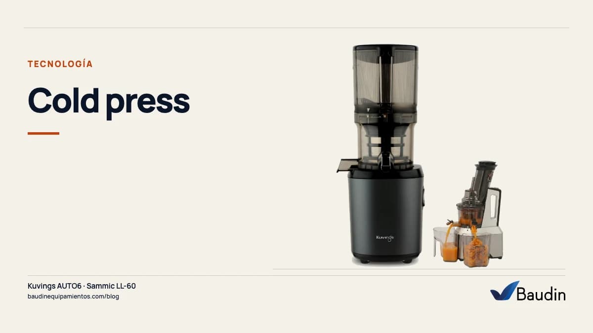 Portada de la guía «Cold press» con Kuvings AUTO6 y Sammic LL-60, equipos de Baudin Equipamientos