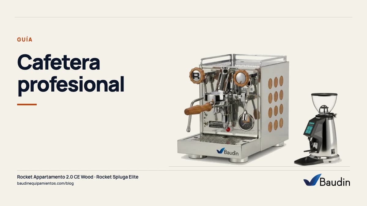 Portada de la guía «Cafetera profesional» con Rocket Appartamento 2.0 CE Wood y Rocket Spluga Elite, equipos de Baudin Equipamientos