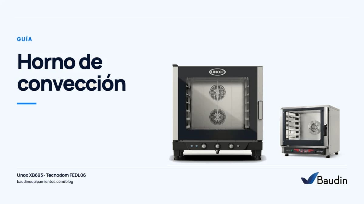 Portada de la guía «Horno de convección» con Unox XB693 y Tecnodom FEDL06, equipos de Baudin Equipamientos