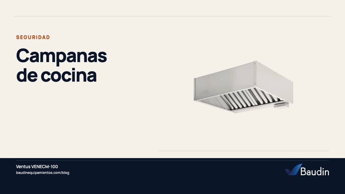 Portada de la guía «Campanas de cocina» con Ventus VENECM-100, equipos de Baudin Equipamientos