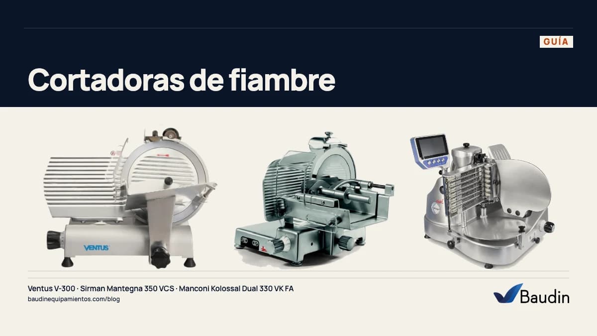 Portada de la guía «Cortadoras de fiambre» con Ventus V-300 y Sirman Mantegna 350 VCS y Manconi Kolossal Dual 330 VK FA, equipos de Baudin Equipamientos