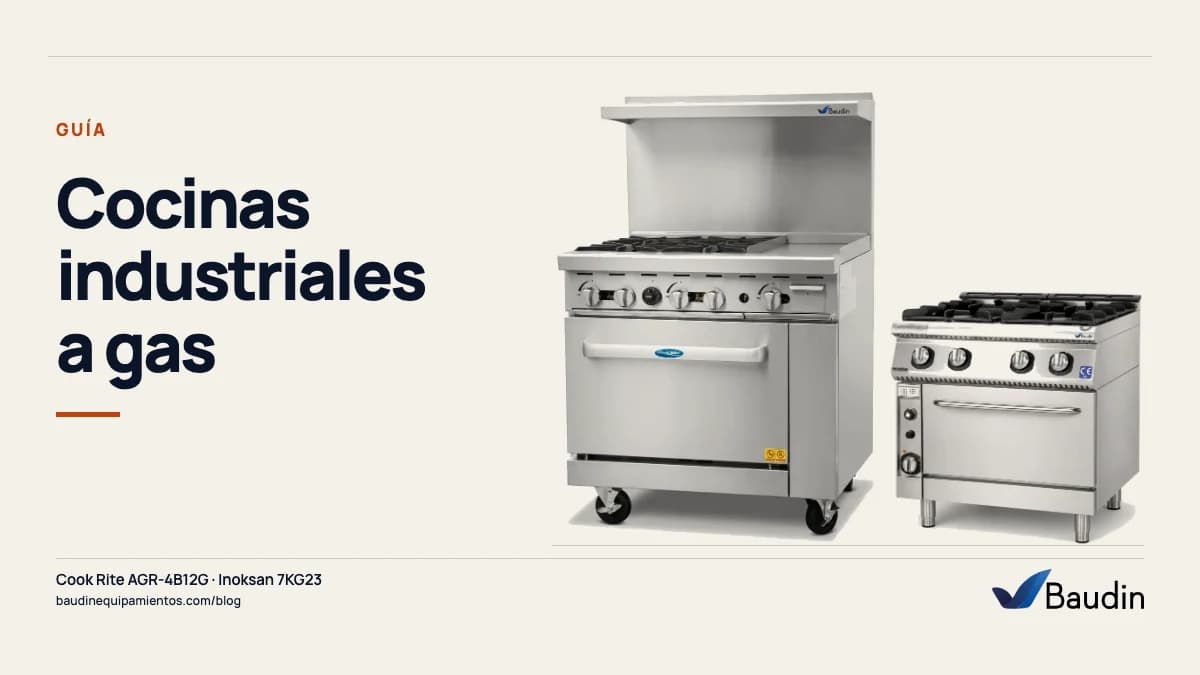 Portada de la guía «Cocinas industriales a gas» con Cook Rite AGR-4B12G y Inoksan 7KG23, equipos de Baudin Equipamientos