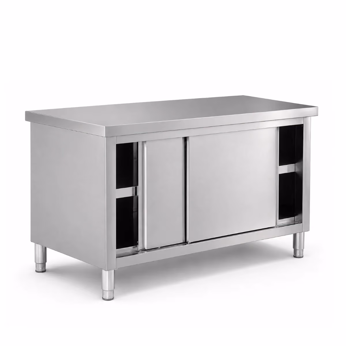 Mesa de Acero Inoxidable con estante intermedio y 2 puertas corredizas Unique
