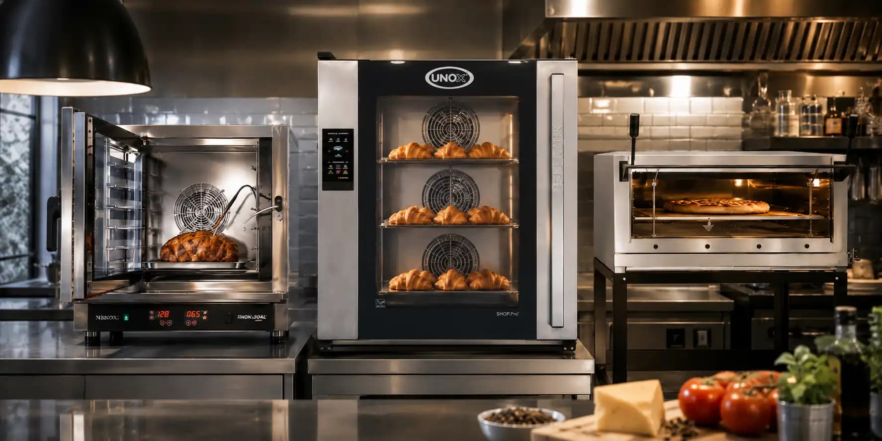 Hornos gastronómicos profesionales convector digital y pizzero en una cocina industrial