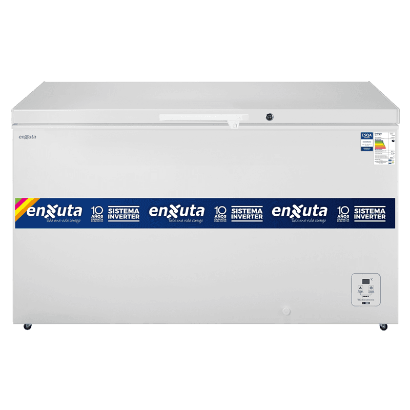 Freezer horizontal Enxuta FHENXI16420 de 416 litros inverter, vista de frente con la tapa cerrada