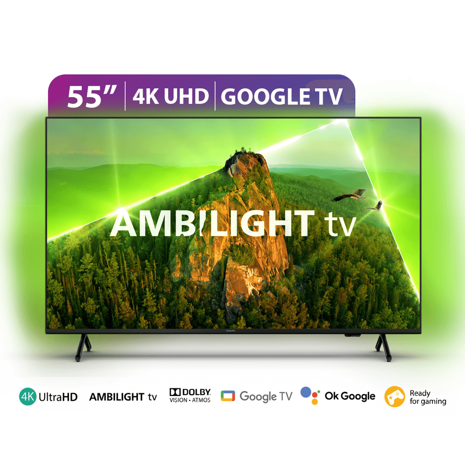 Smart TV Philips 55PUD790877 de 55 pulgadas con Ambilight encendido en la pared
