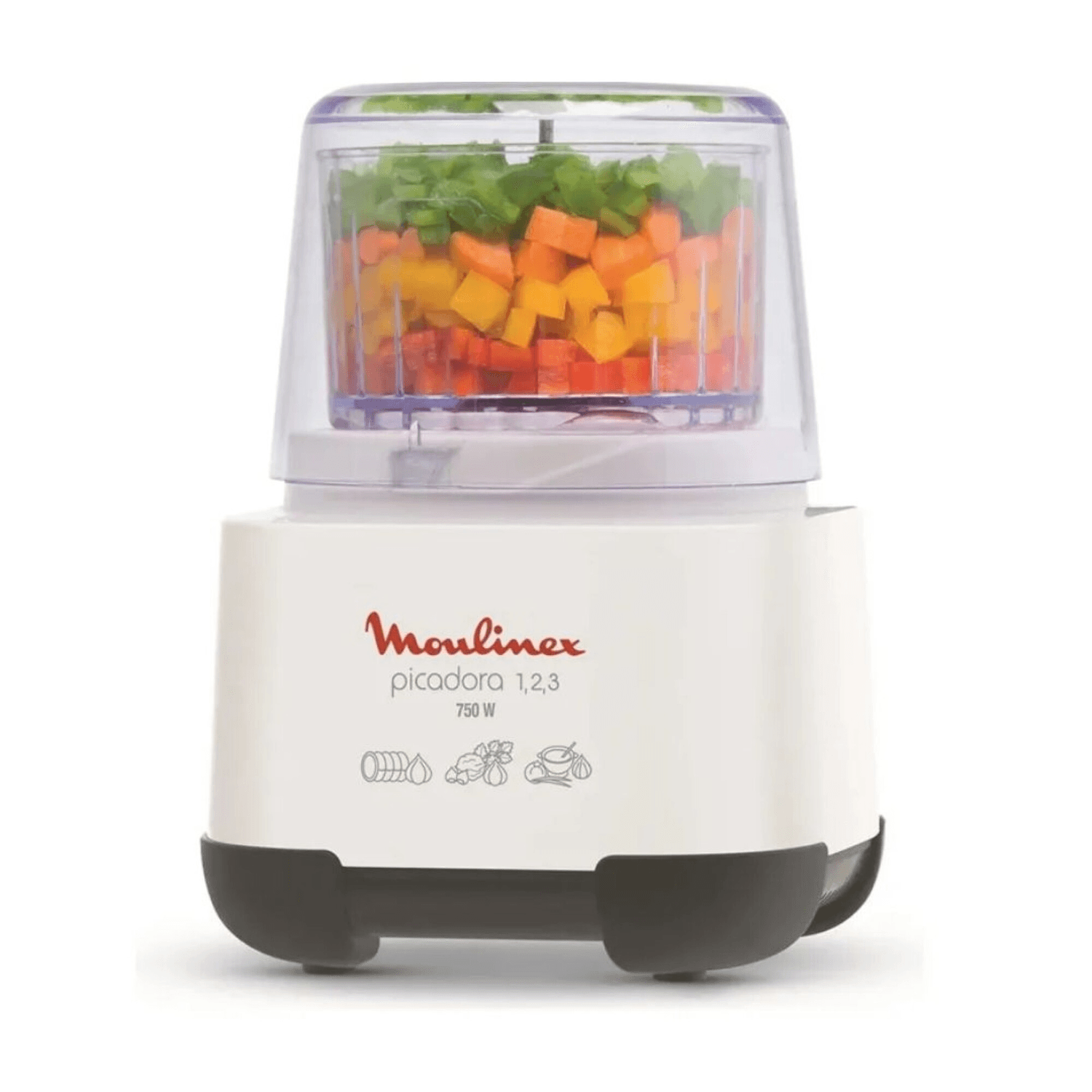 Picadora Moulinex 1-2-3 AD6011CL de 750 W con verduras picadas en el bowl