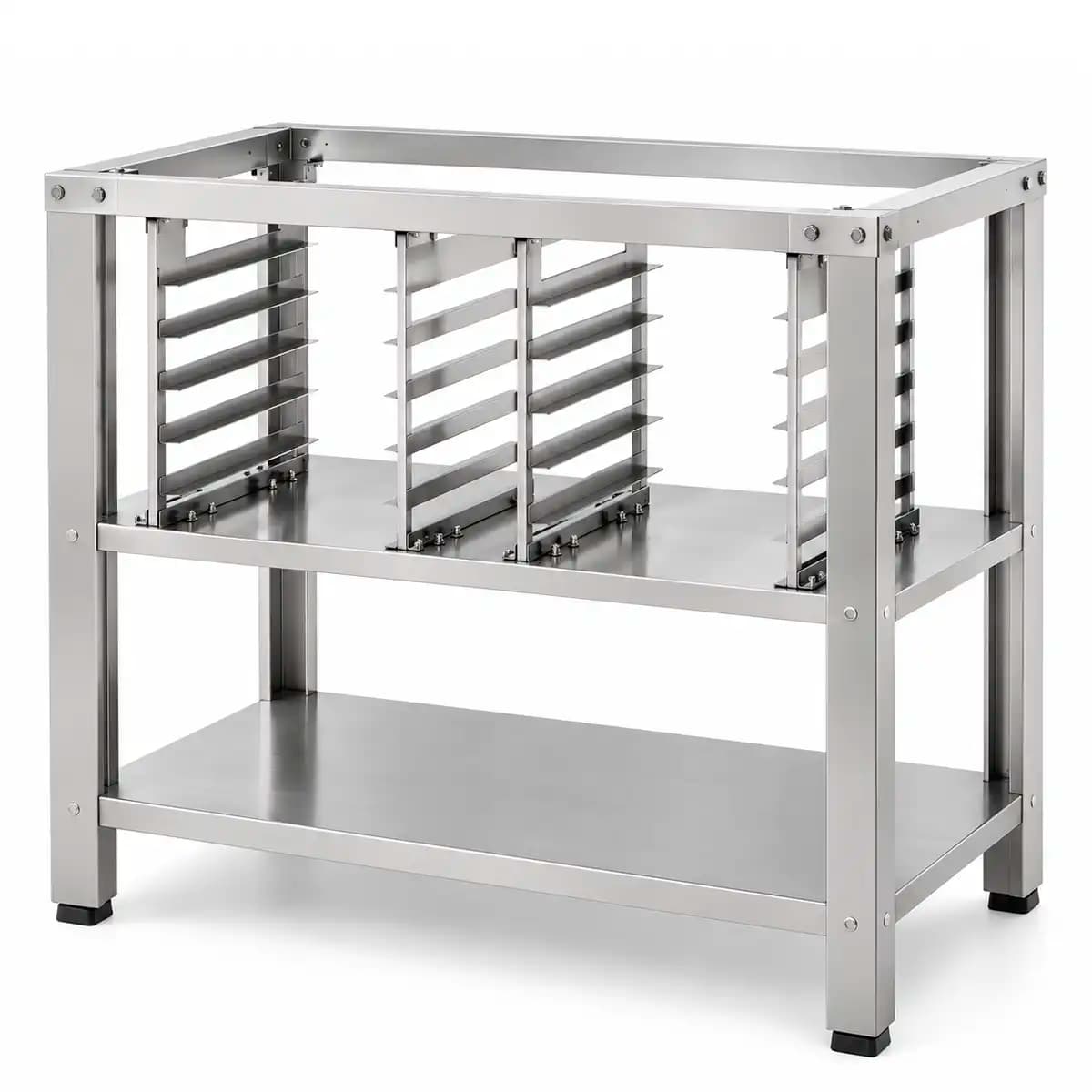 Base de acero inoxidable con guías para bandejas para el horno Reemaq RL 4080, vista de tres cuartos
