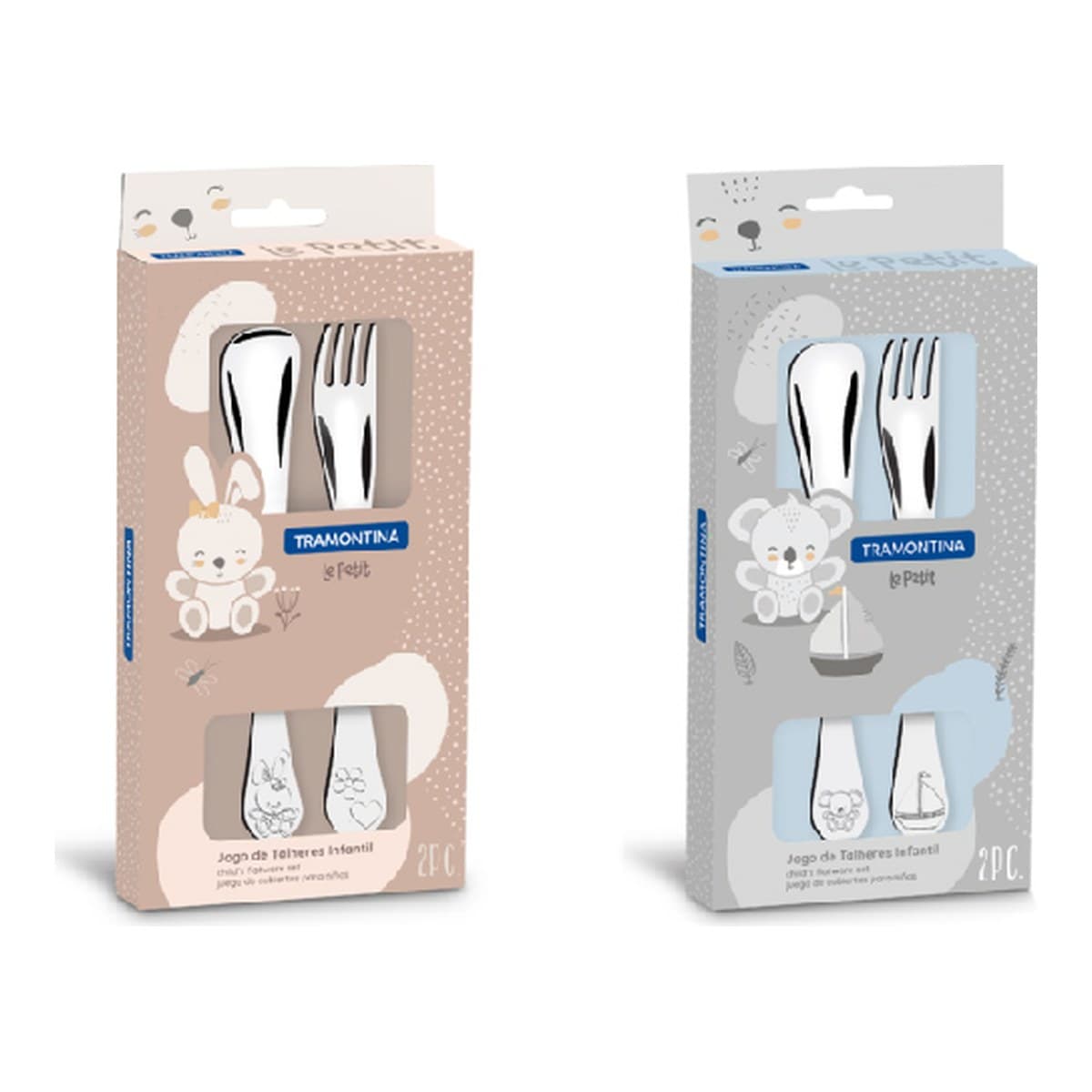 Juego infantil Tramontina Le Petit de acero inoxidable con cuchara y tenedor.