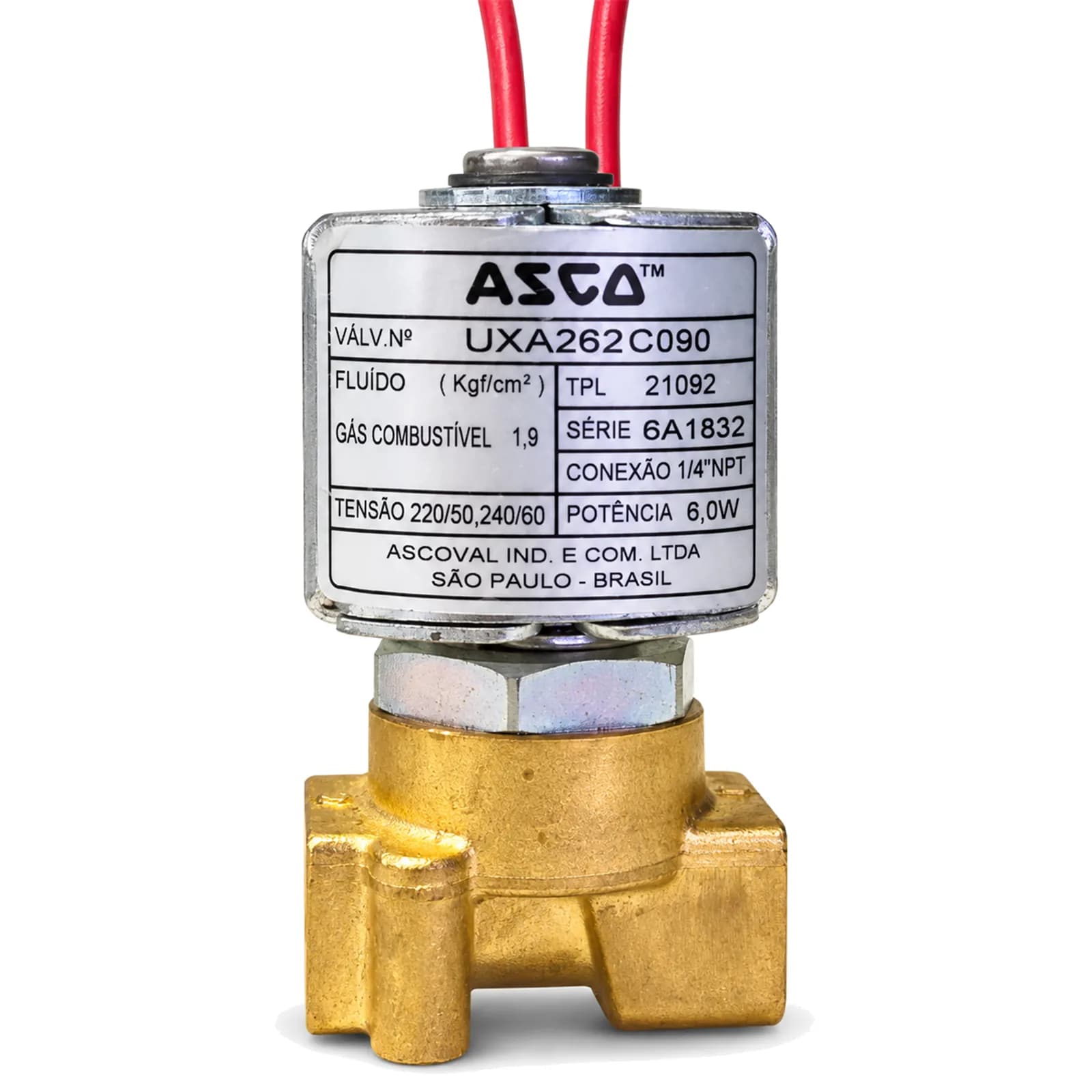 Electroválvula de gas ASCO UXA262C090 para horno Venancio Twister, vista frontal con la etiqueta