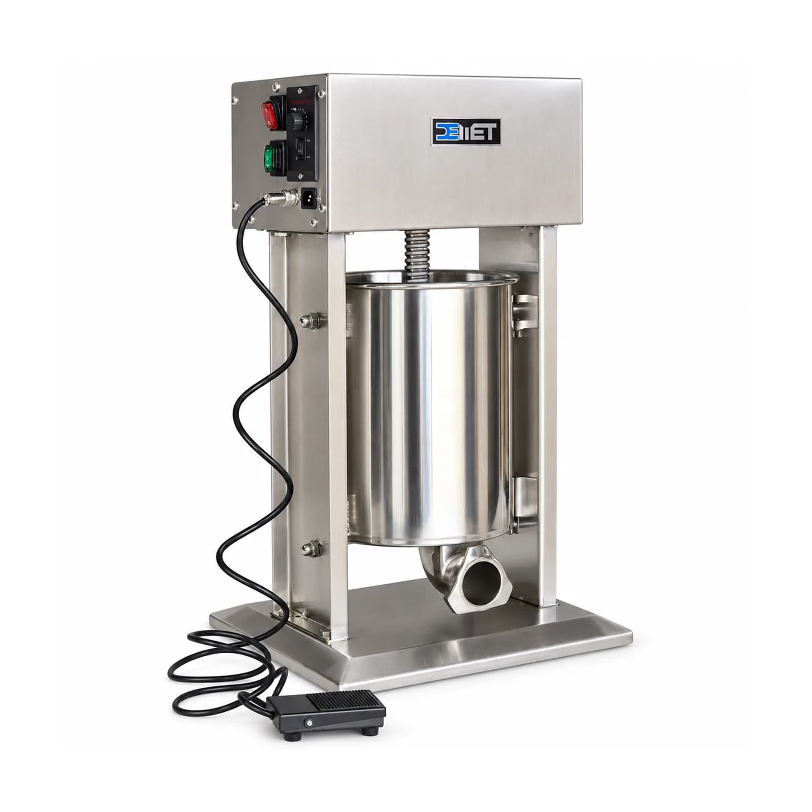 Embutidora vertical eléctrica de 10 litros Demet TV-10L/A, vista de tres cuartos