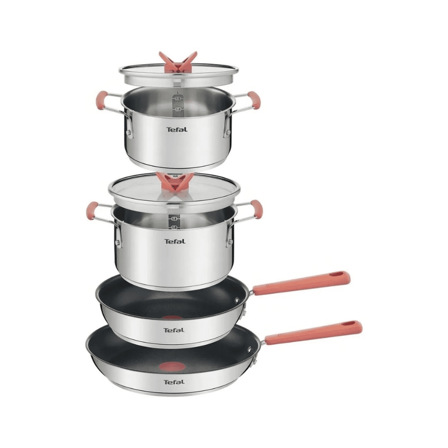 Batería de cocina Tefal Opti'Space G720S604 apilada: cacerolas con tapa y sartenes