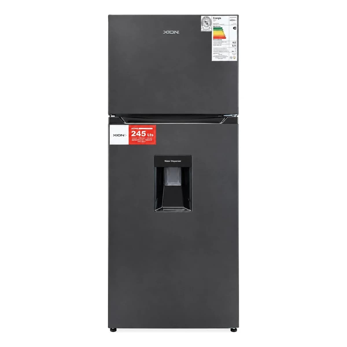 Heladera con freezer XION XI-HNF271X con dispensador de agua, 245 litros, acabado inox oscuro, vista de frente