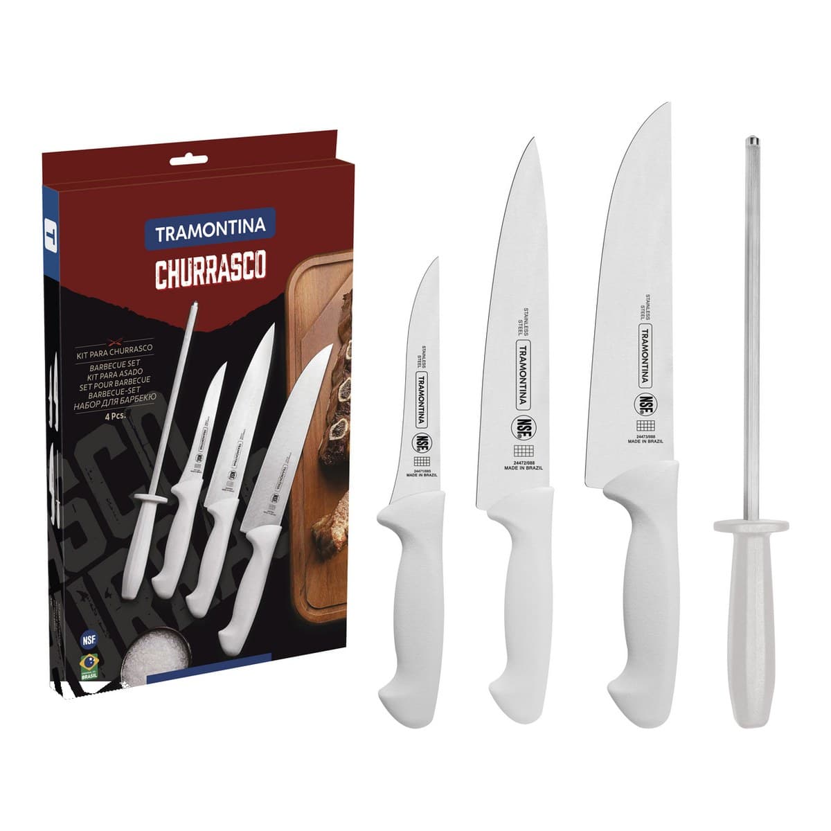 Juego Tramontina Churrasco de 4 piezas con cuchillos de acero inoxidable y mangos blancos