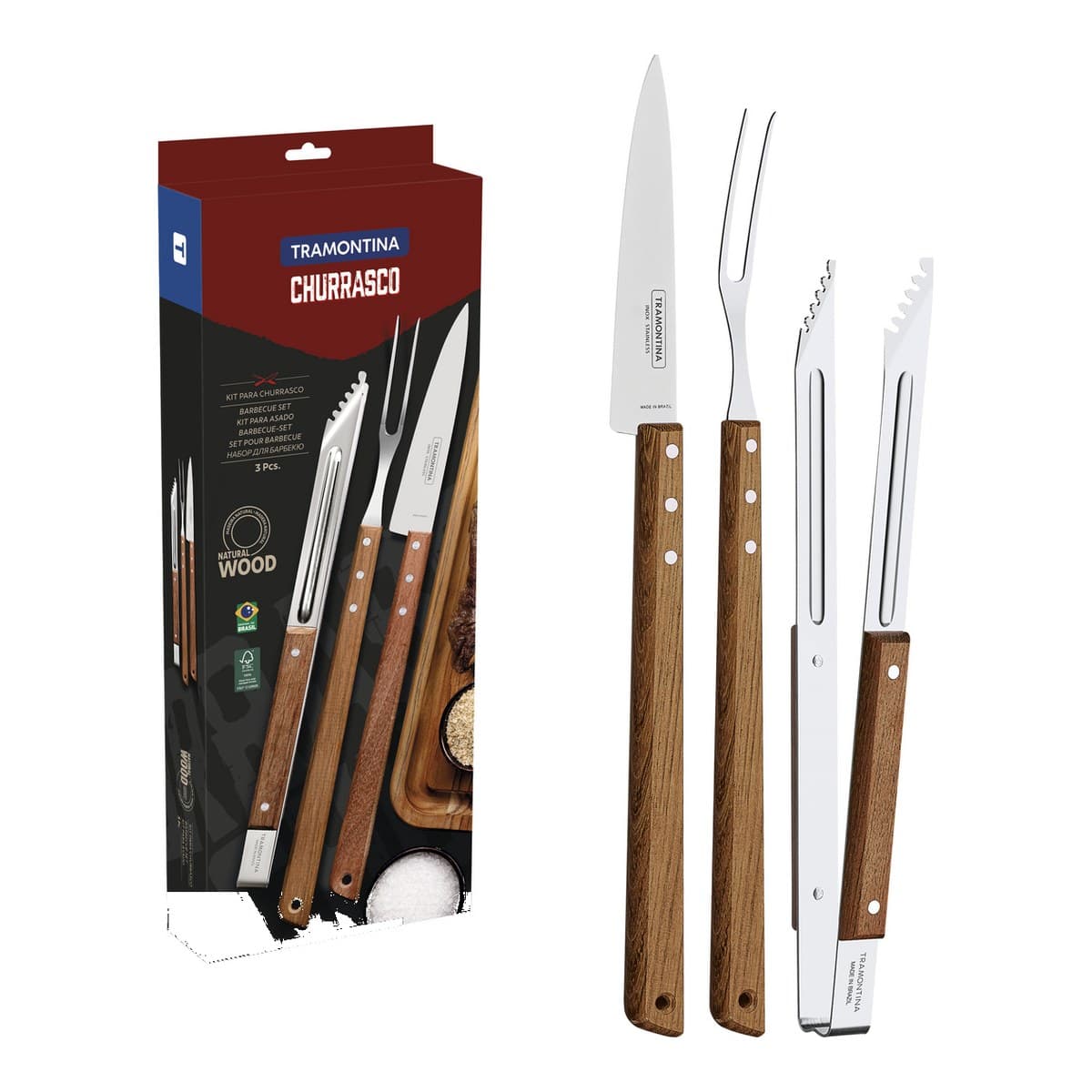 Juego Tramontina para asado de 3 piezas con cuchillo, tenedor trinchante y pinza de madera