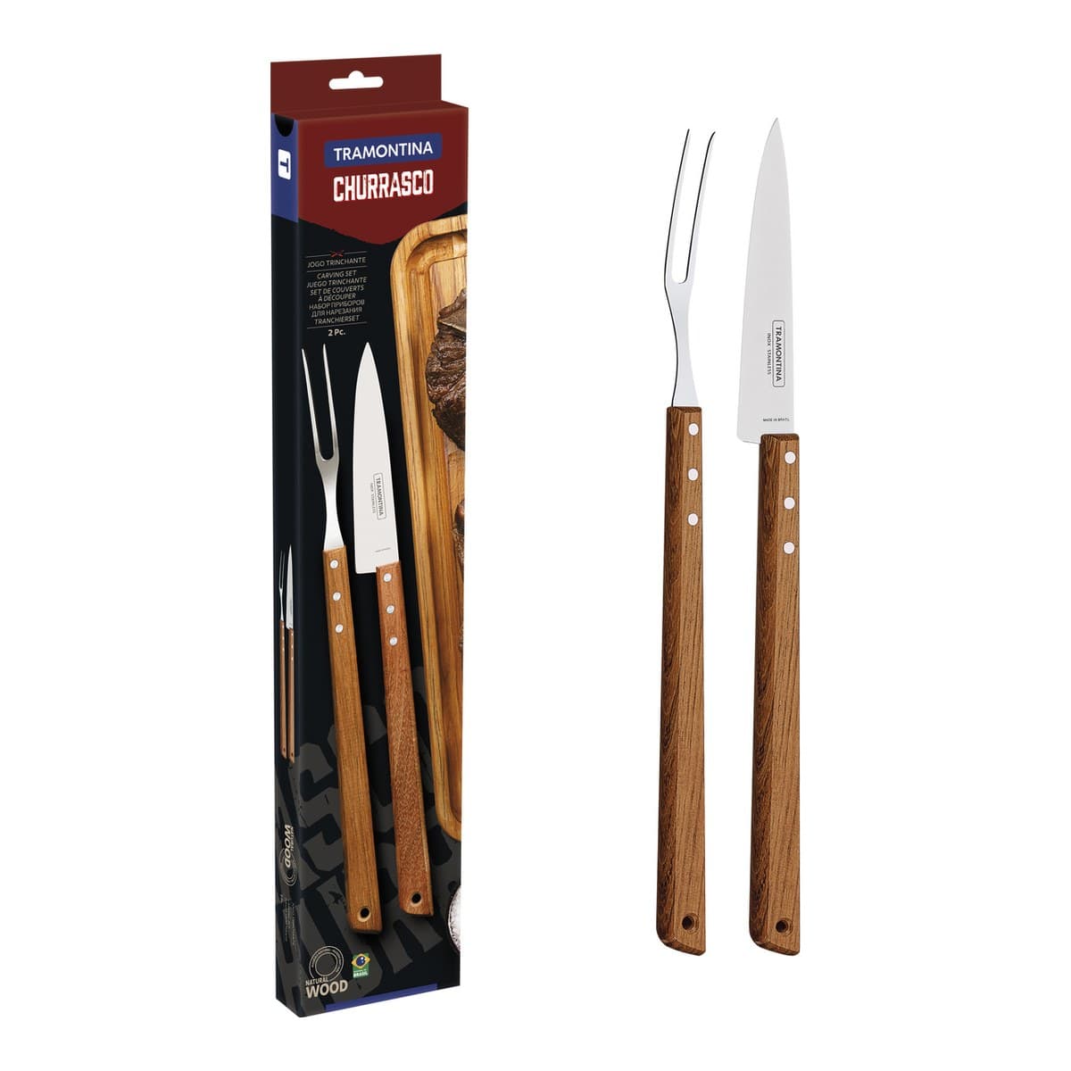 Juego de asado Tramontina con cuchillo trinchante y tenedor de madera.