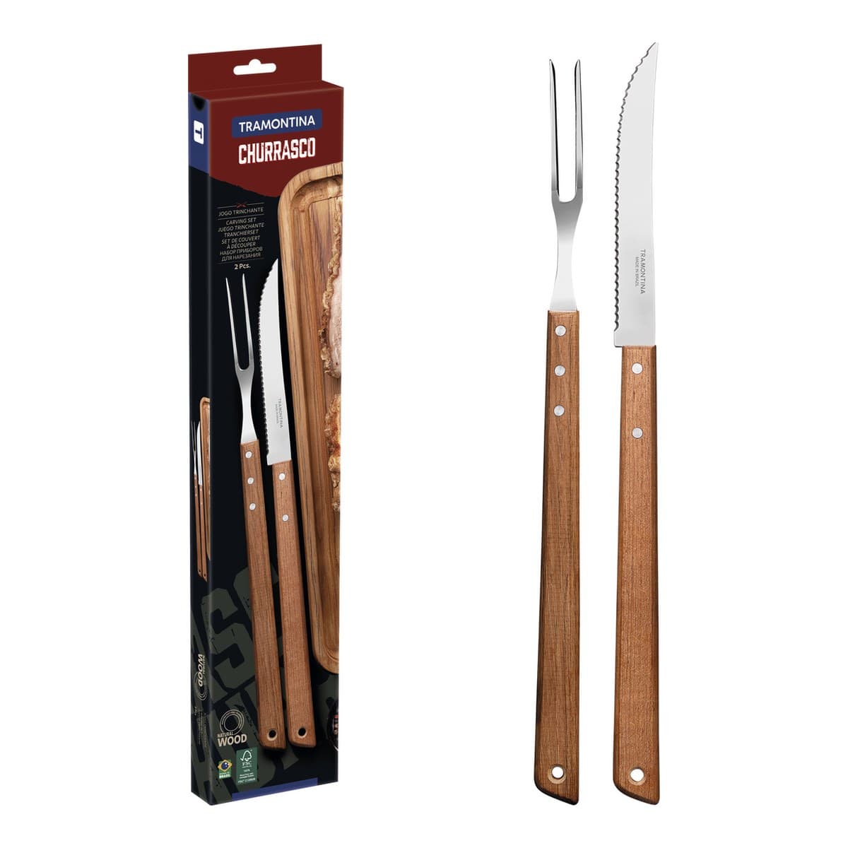 Juego Tramontina de cuchillo y tenedor trinchante con mangos de madera.