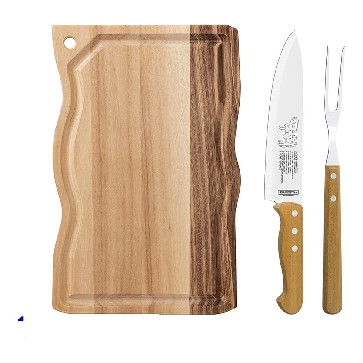 Kit Tramontina Churrasco 22398/002: cuchillo, tenedor y tabla de madera.