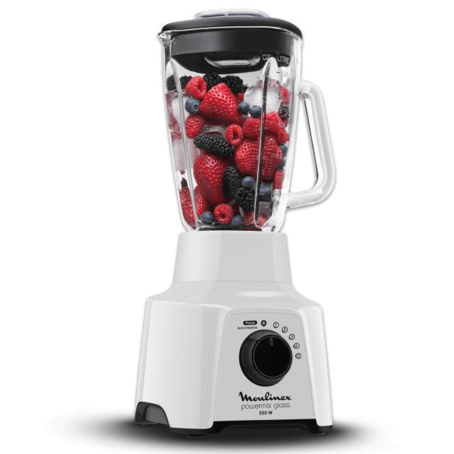 Licuadora Moulinex Powermix LM2891VO blanca con jarra de vidrio y frutos rojos