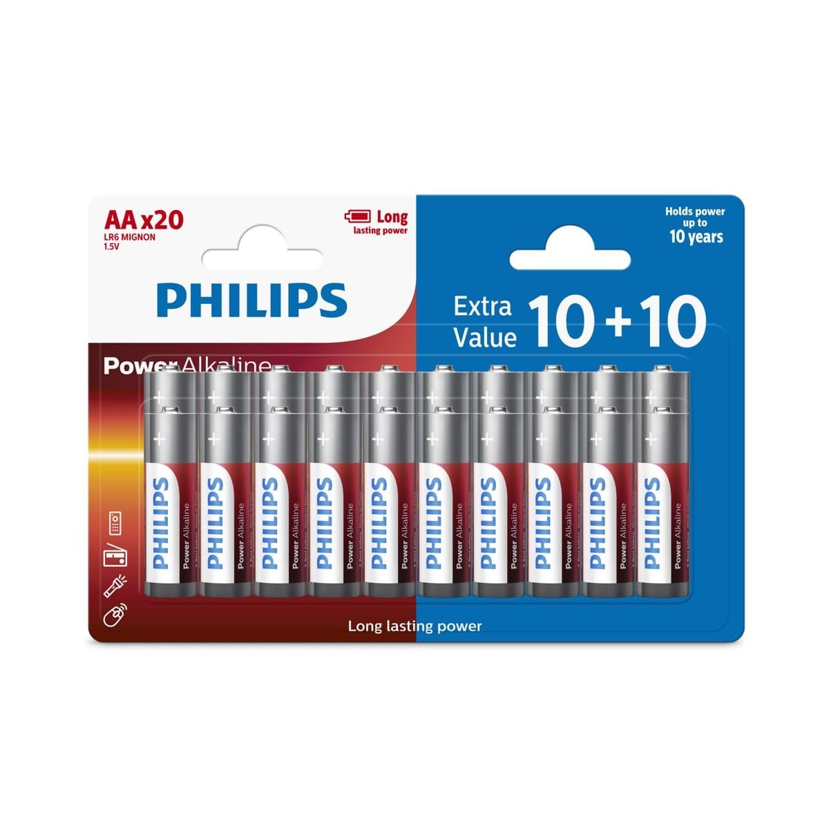 Pilas alcalinas AA Philips Power Alkaline LR6P20BP77, blíster de 20 unidades (10+10)