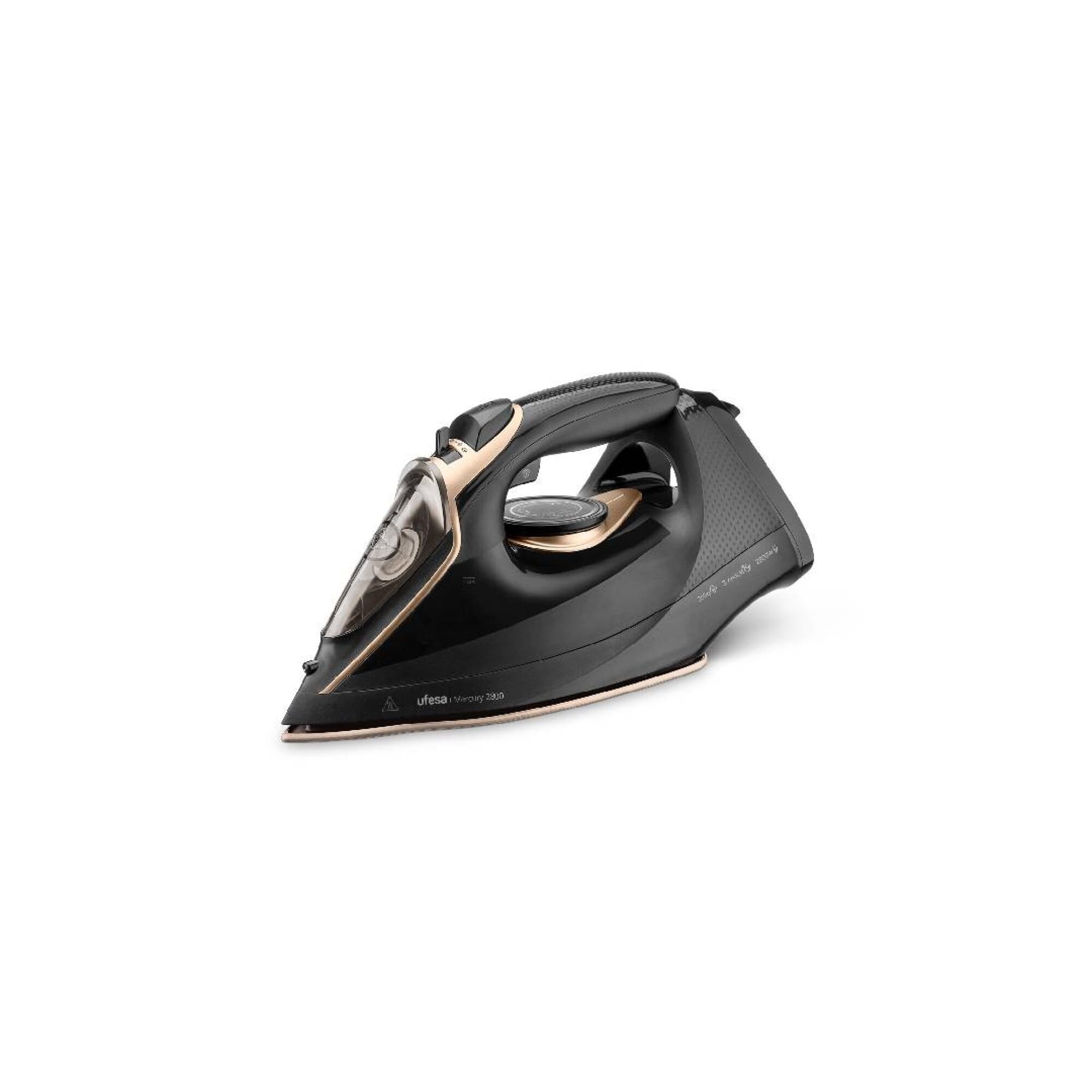 Plancha a vapor Ufesa Mercury 2800 en color negro con detalles dorados
