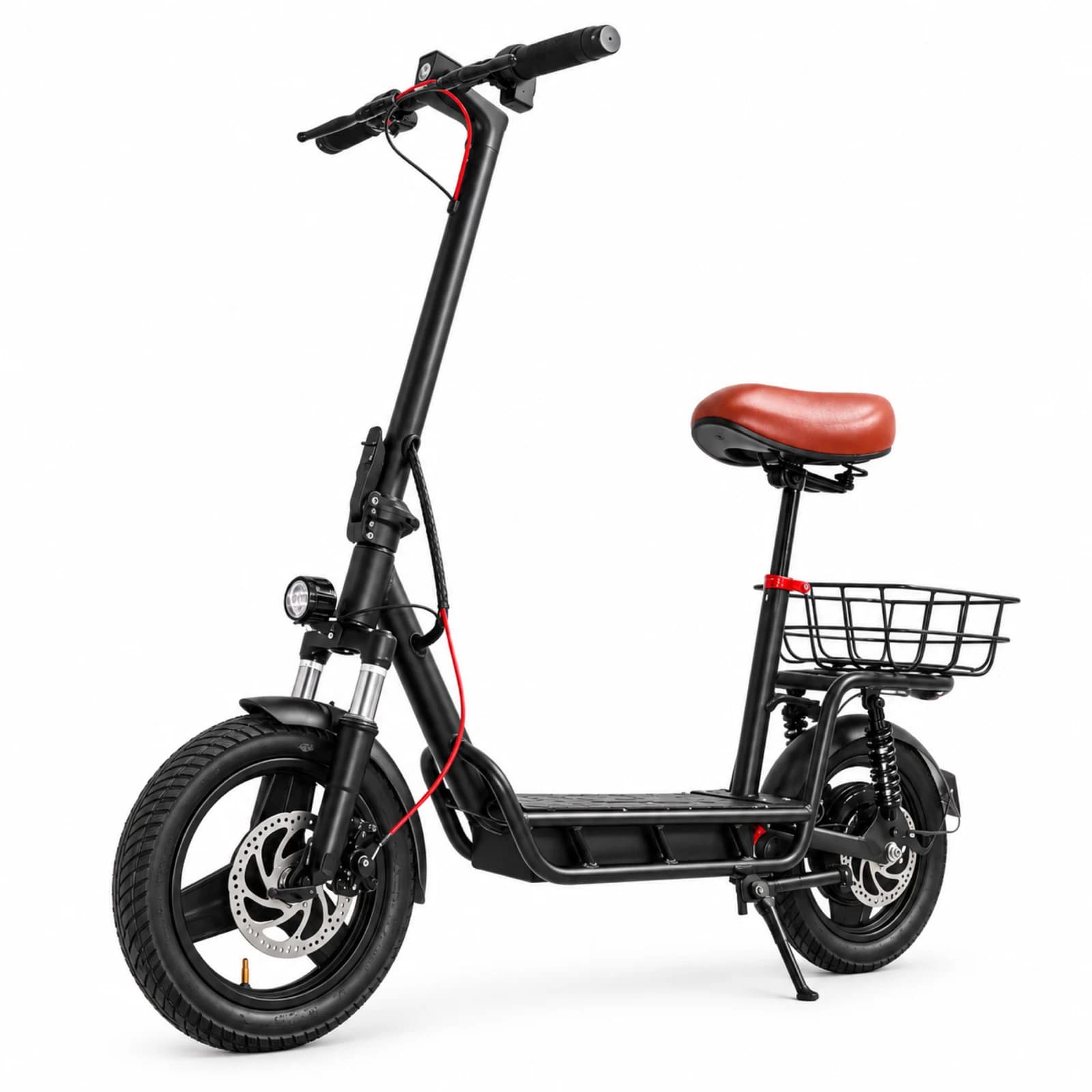 Monopatín eléctrico Maxwheel EB6 con asiento y ruedas neumáticas de 14 pulgadas, tres cuartos de frente